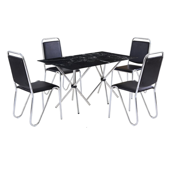 5 Piece Modern Black Marble Effect Dining Set with Chrome Legs T-5-2