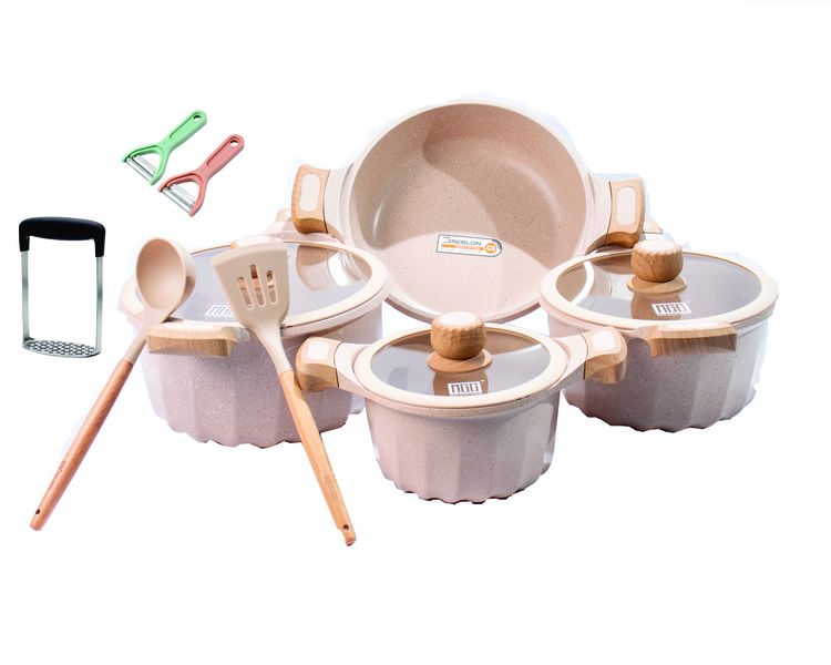 Aluminium Non Stick Die-Cast Cookware Marble Coat Pots Set and Lid Beige - 9 Piece