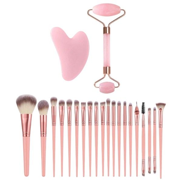 20 Piece Makeup Brush Set With Facial Massage Tools - Girly Pink