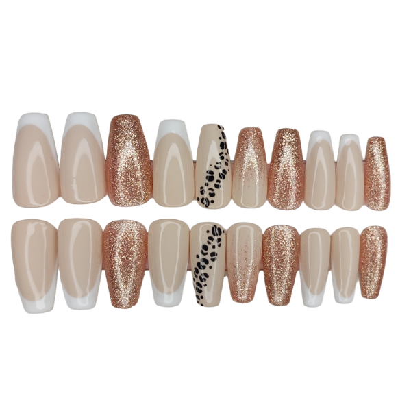 Luxury Press On Nails - Medium Coffin Nude &amp; Leopard Set - 20 Piece