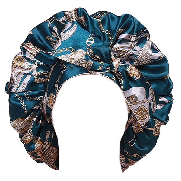 Double-Layer Reversible Bow Hair Bonnet - Peacock Blue Leopard