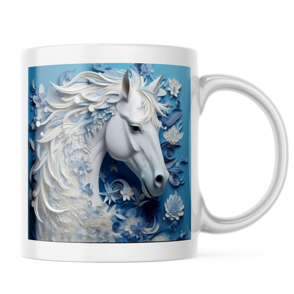 Ceramic 3D Blue and White Horse Mug - White - 11 OZ