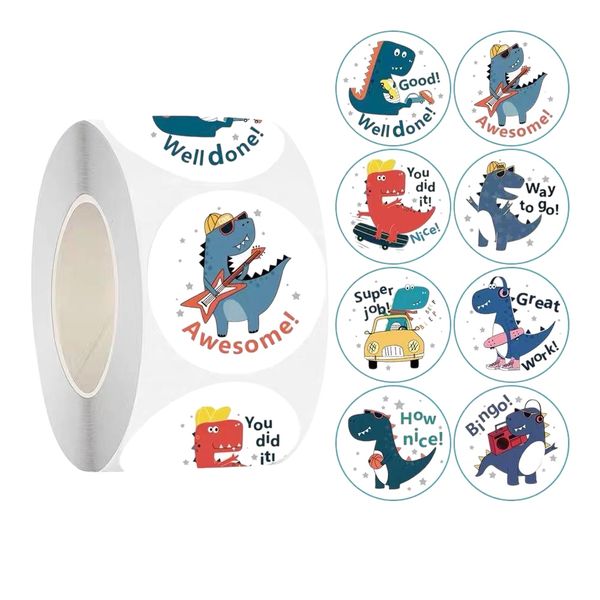 Kids Motivation Stickers - Rock Dinosaur Theme (500 Stickers per Roll)