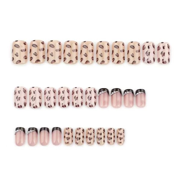 Short Square Nails Brown Fake Nails Leopard False Nails Glitter Design
