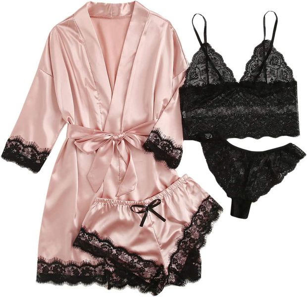 MorFansi Women's Satin Pajama Set 4pcs Lace Trim Cami Lingerie Sleepwear
