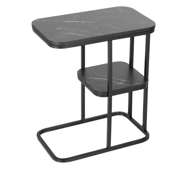 2 Tier Side End Table C-Shaped Small Coffee Table Living Room-Black Marble