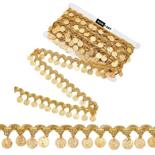 Aon-Art 9.1m (10 Yards) Gold Coin Shape Sequin Tassel Trim Accessory