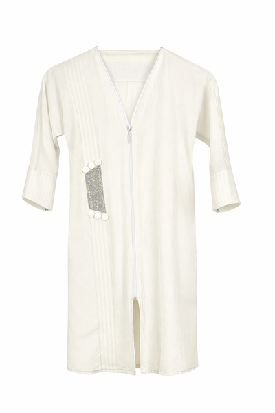 Girls Plain White Ankle Length Abaya with Beaded Panel &amp; Front Zip Closure
