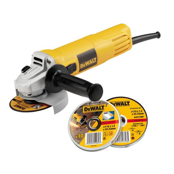 Dewalt 115mm 950W Small Angle Grinder Slider Switch + 10 Cutting Discs