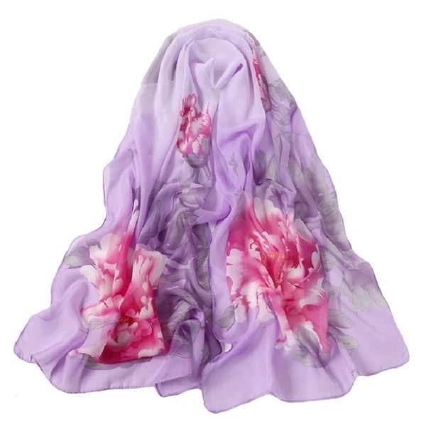 Ladies' Satin Silky Scarf Fantasy With Floral Pattern - Purple/Large Flower