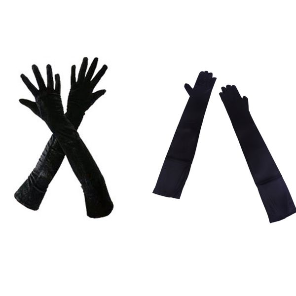 2 Pairs of Black Satin and Velvet Long Gloves