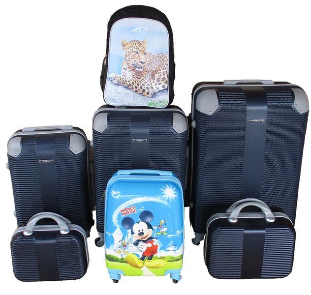 5-Piece Family Luggage Set - Navy ABS Trolleys + Mickey Case &amp; Leopard Bag