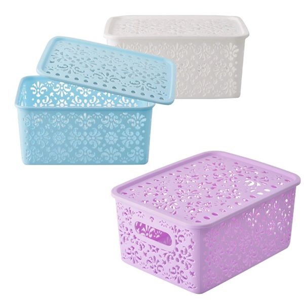 Plastic Lace Baskets 24x18x10cm Rectangular With Lids (Set of 3)