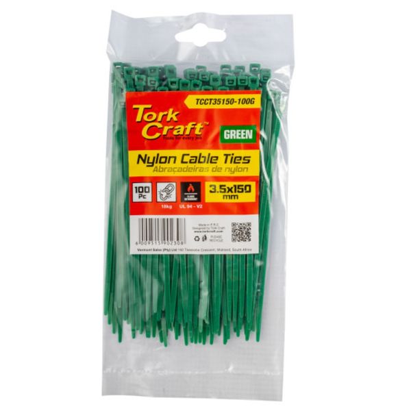 Tork Craft - Nylon Cable Ties 3.5mm x 150mm Green - 100 Pieces