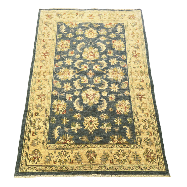 150 x 100cm Unique Beige &amp; Dull Blue Handmade Chobi Afghan Rug