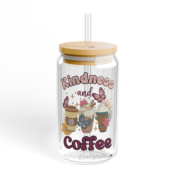 Puff Berry Kindness and Coffee Glass Mug with Lid and Straw