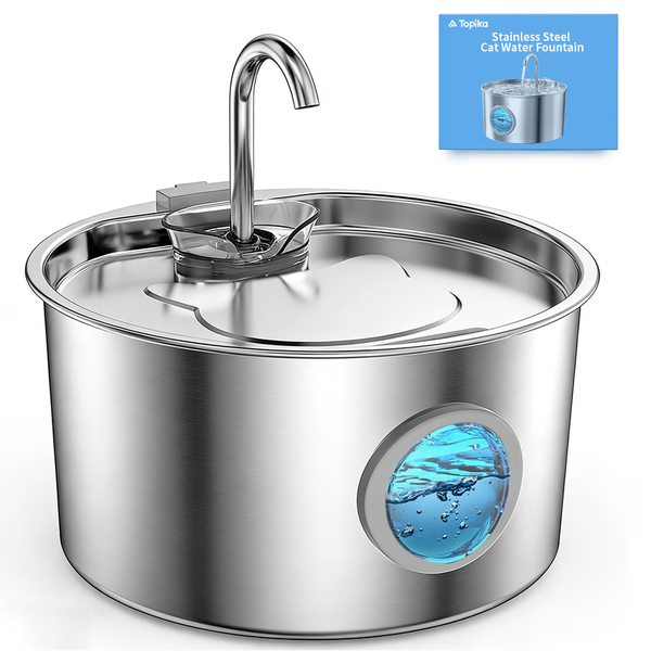 Topika 3.2L Stainless Steel Cat Fountain, Quiet Pet Water Dispenser