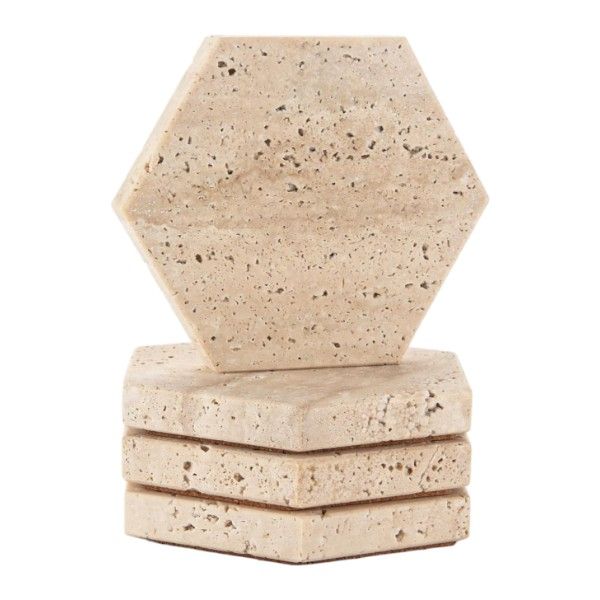 4 Piece - Hexagon Shaped Natural Stone Coaster Set - Beige