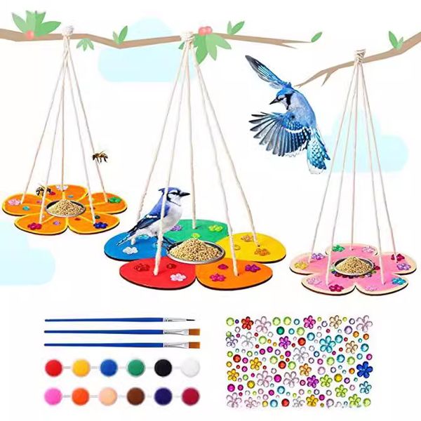 Kids Arts and Crafts Bird Feeders for Outside, 3-Pack DIY Wooden Paint Kits