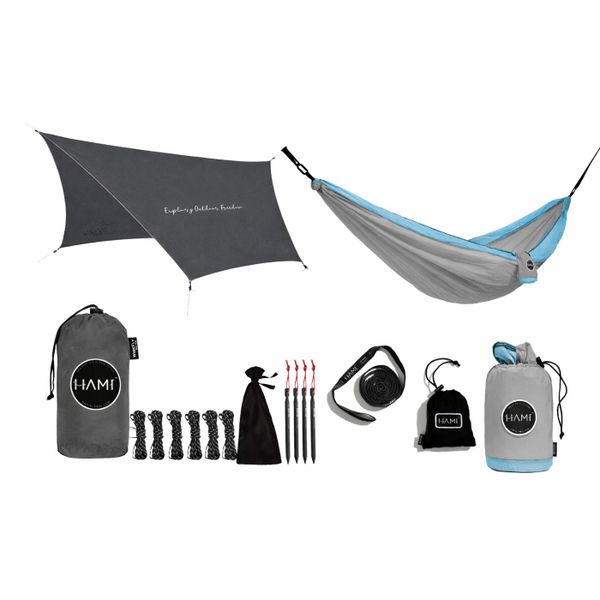 HAMI Tarp Grey 3.6m x 2.9m + Double Hammock Sea Mist 3m x 1.8m