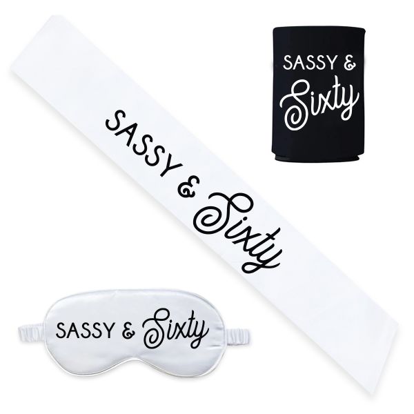 White Sassy and Sixty 60th Birthday Sash, Bottle Koozie and Satin Eyemask