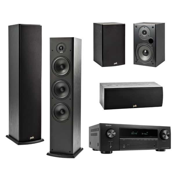 Polk T50 5.0 System Bundle With Denon AVRX580BT Network AV Receiver - Black