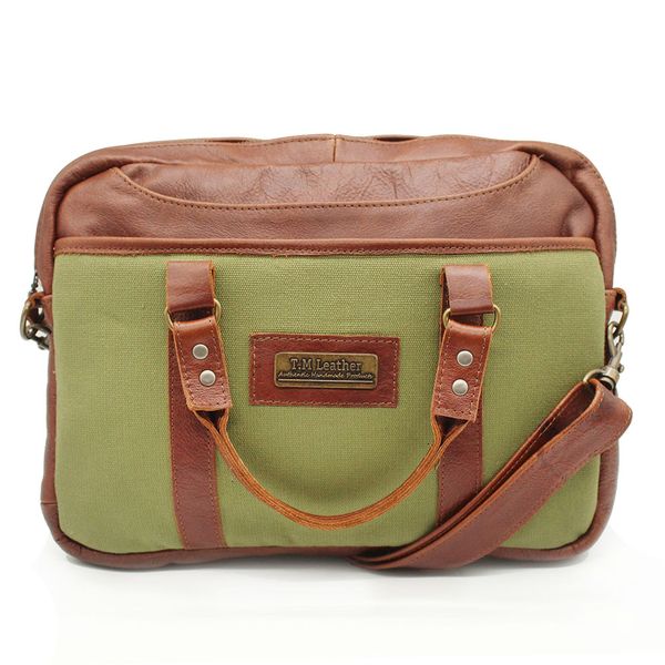 TM Leather Olive Green and Tan Leather Laptop Bag - 13 Inch