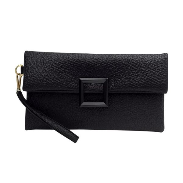 Elegant Textured Leather Clutch Bag with Wrist Strap- Black