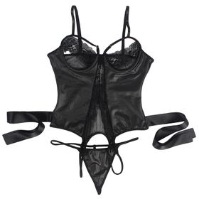 Sexy Leather Hollow Out Cup Open Crotch Underwired Teddy Lingerie