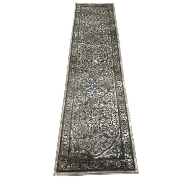 300 x 80cm Floral Design Machine Made Grey And Beige Runner Rug