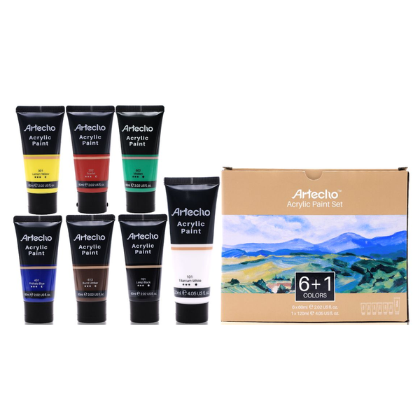 Artecho Acrylic Paint Set, 7 Primary Colors - 6 x 60ml &amp; 1 x 120ml White