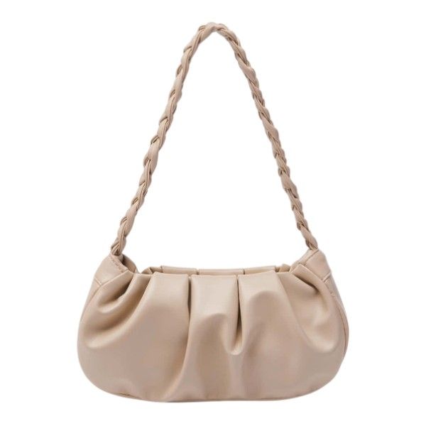 Ruched Faux Leather Shoulder Bag with Braided Handle - Apricot