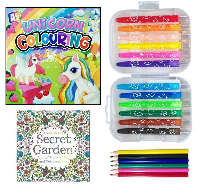 Children's Colouring Book with 12 Retractable Crayons and Drawing Pencil