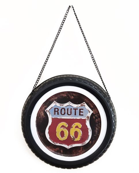 Round Tyre Shape Route 66 Print Tin Wall Décor Frame with Hanging Chain