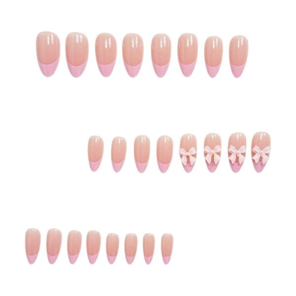 24 Medium Length Almond French Press-On Nails With Bows - Pink