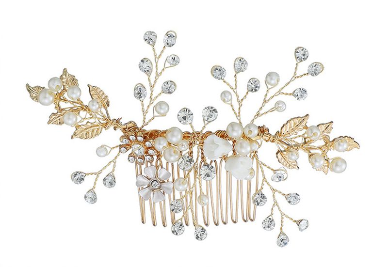 Olive Tree - Metal Leaf / Crystal / Pearl Hair Comb - Bridal / Formal Event
