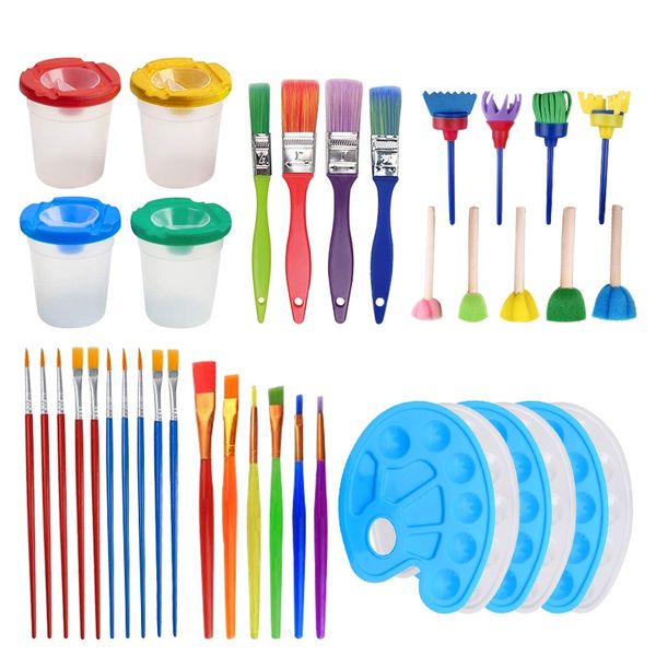Kids Paint Brush and Sponge Set with Spill Proof Cups and Palettes