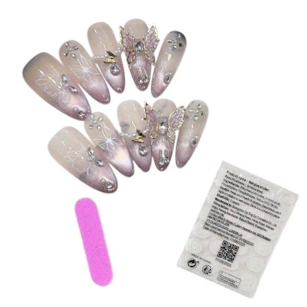 10 Piece - Butterfly Blush Almond Nails with Rhinestone Accents