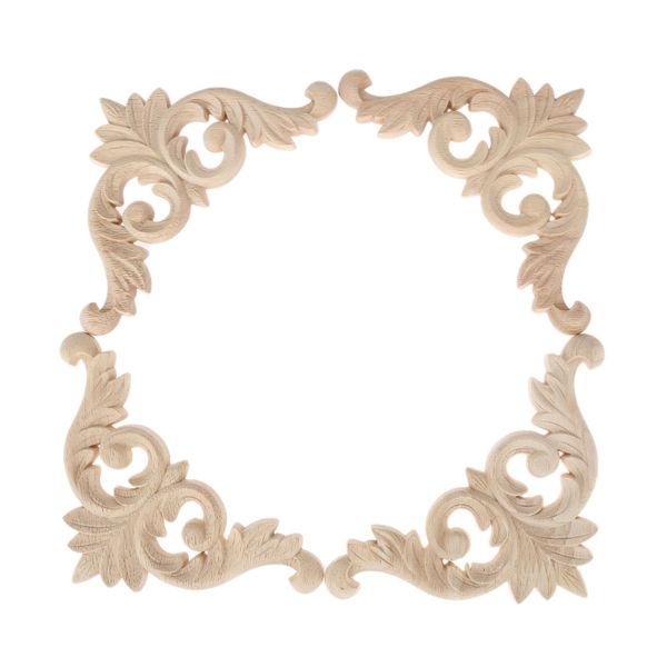 Wood Carved Corner Mouldings Applique Furniture Decor 4Pcs 12x12cm