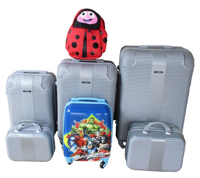 Silver ABS Luggage Set with Avengers Kids Case &amp; Red Ladybug Schoolbag