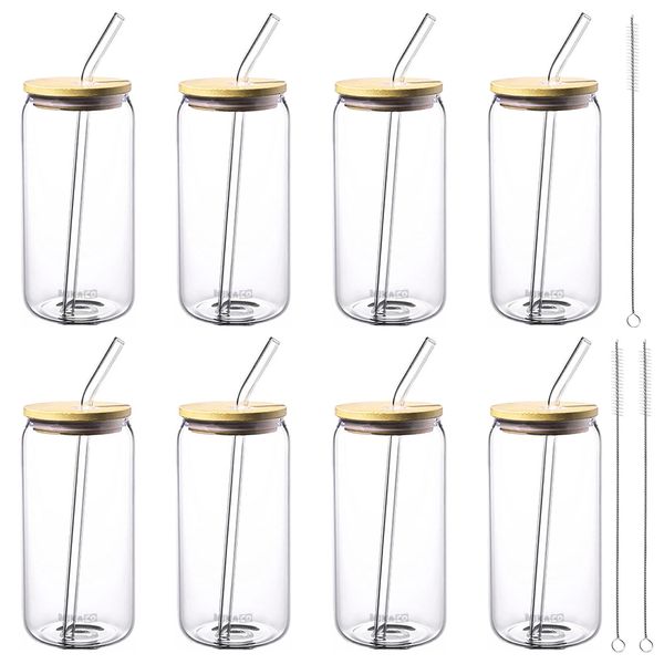 MIkaco Glass Drinking Cup Set with Bamboo Lids and Straws - 8 Piece