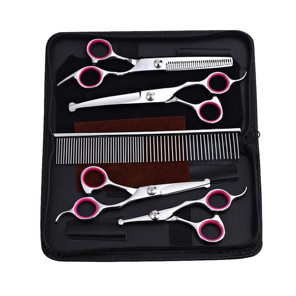 Professional 7-In-1 Dog Grooming Scissors Set with Safety Ronud Tip - Pink