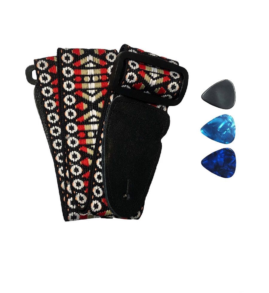 Guitar Strap African Style Red With 3 Picks