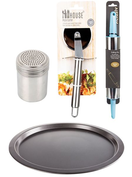 Non Stick Pizza Pan 30x2.5cm + Pizza Cutter + Rolling Pin 35cm + Black Canvas Oven Mitt