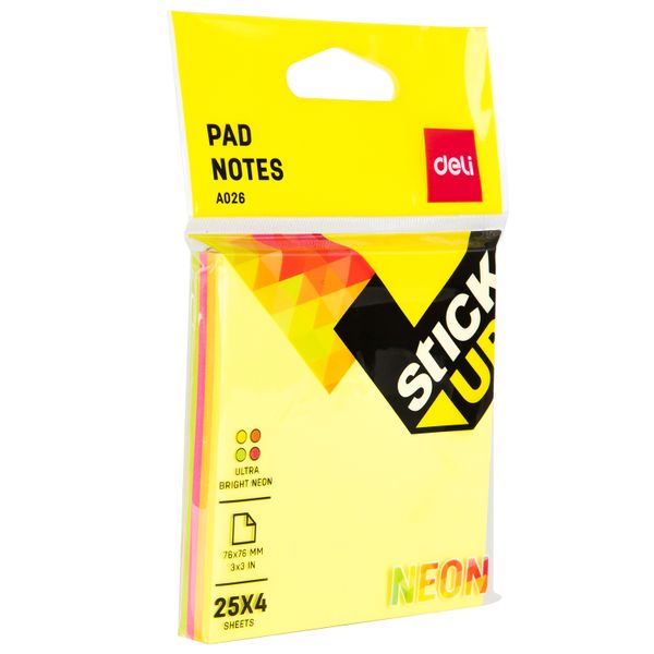 DELI 4BAG Sticky Notes 76 x 76mm - 4 Pads x 25 Sheets Assorted Colours