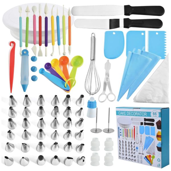 66 Pcs Cake Decoration Kit Baking Supplies Tool with Piping Tips Pastry Bag