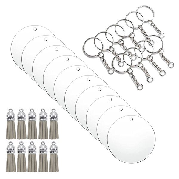 5cm Clear Acrylic Blank Round Keyring White Tassel Kit