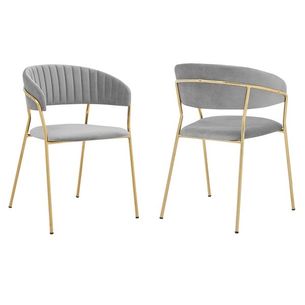 Modern Gray Velvet and Gold Metal Leg Dining Room Chairs - Set of 2