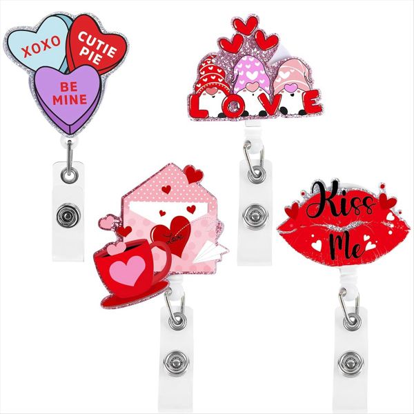 Cute Pink Heart Pattern Id Name Card Retractable Badge Reel Clip