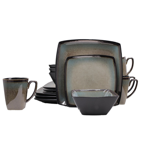 16 Piece Couture Banded Border Square Stoneware Set - Reactive Cream/Blue